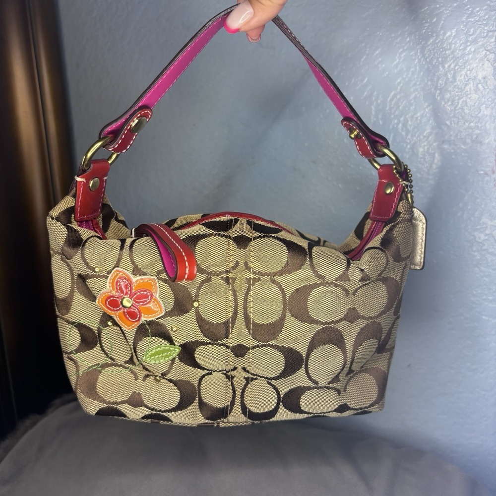 Vtg Coach Mini Pouch Signature Red Brown Flower Handbag Rare Signature Y2K